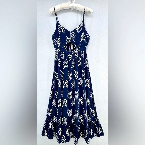 MWT Aerie Women’s Blue Ikat White Tribal Print Boho Cut Out Long Maxi Dress Sz S - Picture 2 of 15